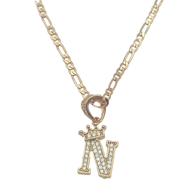 Cadena y dije de brillos con corona de oro laminado letra N