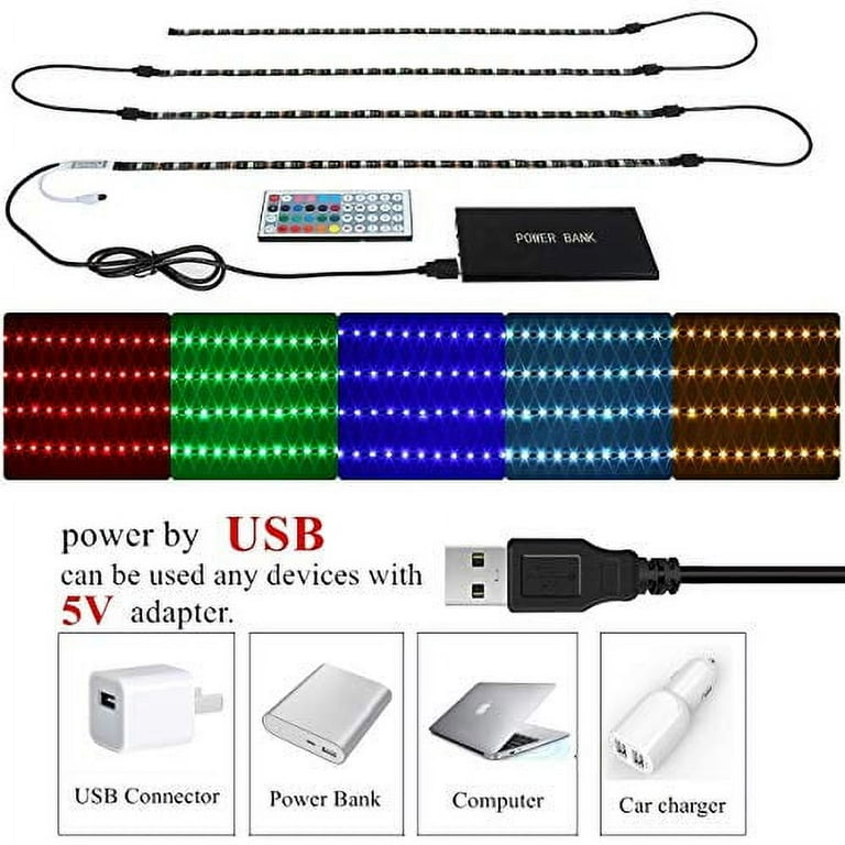 Usb Led Strip Light Kit,Topled Light 4 Pre-Cut Strips & 3 Wire Mounting  Clips & 44 Key Mini Remote Control Multicolor Rgb Home Accent Led Tape  Light