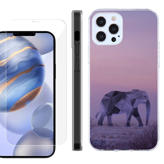 Slim Fit Protective Phone Case for Apple iPhone 12 / iPhone 12 Pro, with Tempered Glass Screen Protector, by OneToughShield ® - Twilight Elephant