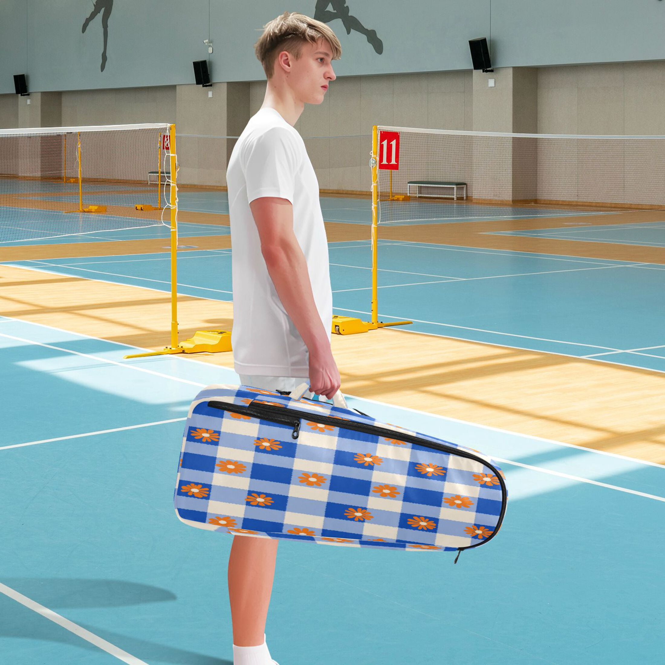 2 Racquet Holder Tennis Backpack Tennis Racket Covers Gym Bags Orange Flowers on Checkered Pattern