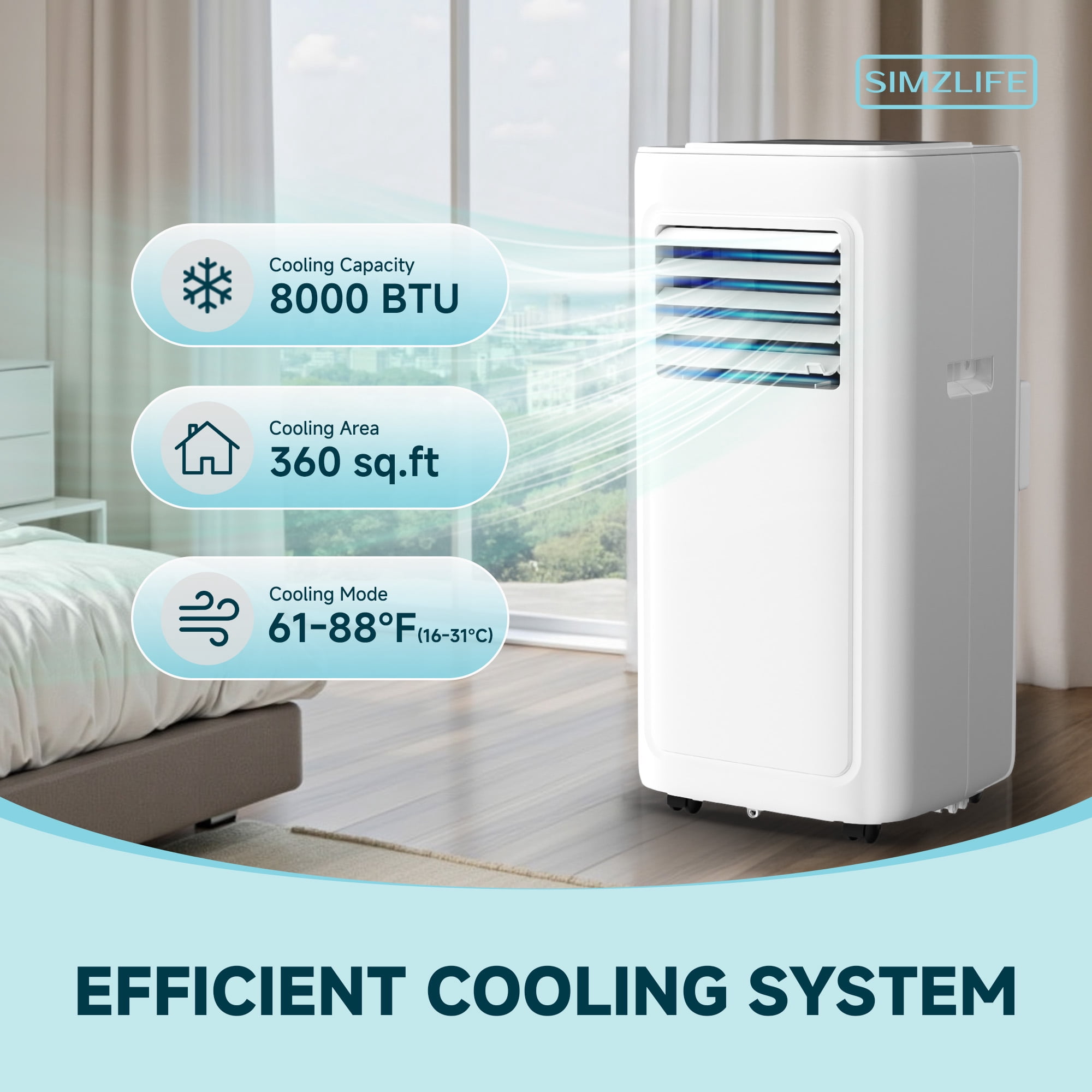 Simzlife Portable Air Conditioner 10,000 BTU , Dehumidifier, Fan,Cool, 3 in 1 AC with Remote Control