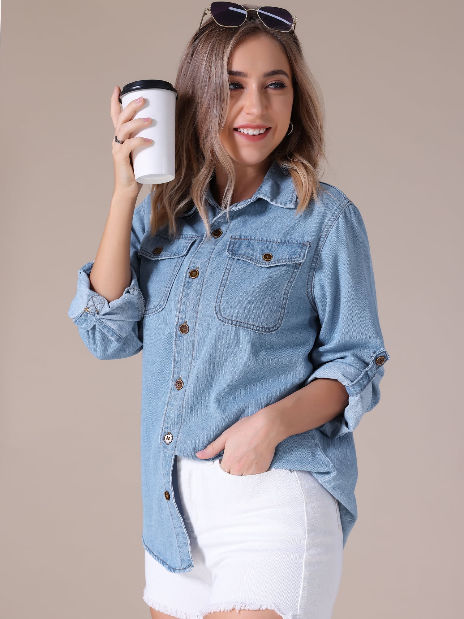 Unique Bargains Women's Denim Shirt Long Sleeve Jean Jackets Casual XL Light Blue