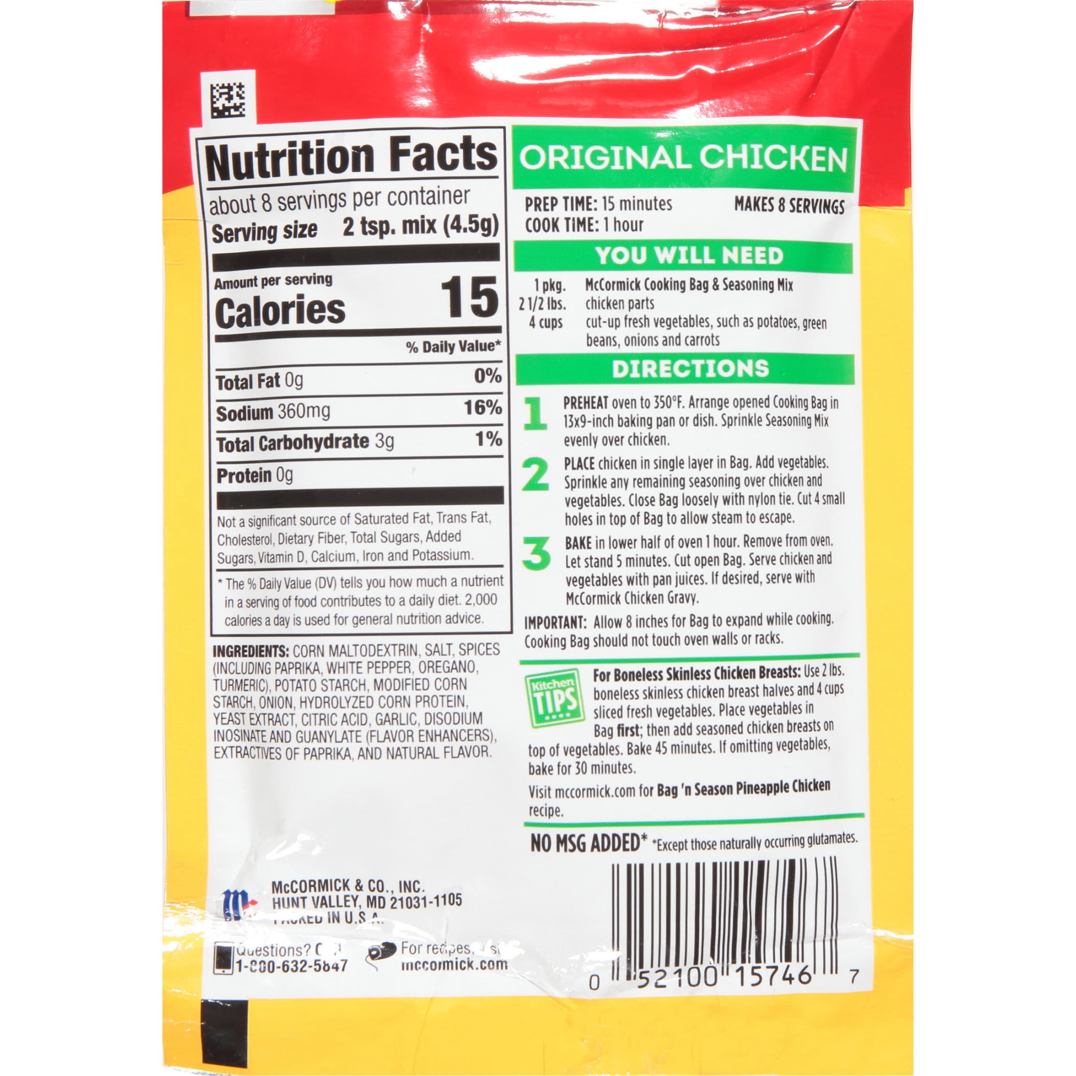 McCormick Bag 'n Season Original Chicken Cooking Bag & Seasoning Mix, 1.25 oz Packet