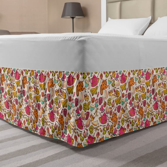 Tea Party Bed Skirt, Retro Style Kitchen Things Pattern Cups and Pots Delicious Cakes Colorful Candies, Elastic Bedskirt Dust Ruffle Wrap Around for Bedding Decor, 4 Sizes, Multicolor, by Ambesonne