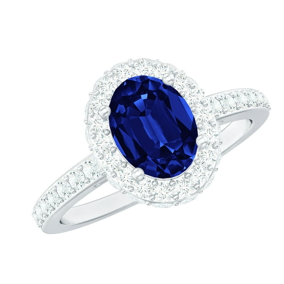 Rosec Jewels Oval Shaped Lab Grown Blue Sapphire and Diamond Ring - Halo Engagement Ring for Women - AAAA Quality Certified, 925 Sterling Silver, US 4.00