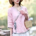 thumbnail image 2 of Womens Tops Women Cotton Linen Shirts Chinese Embroidery 3/4 Sleeve Casual Trendy Tops Loose V Neck Side Tie Slit Blouse, 2 of 4