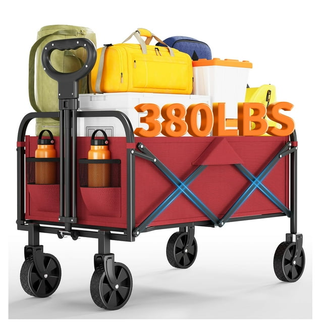 Wagons Carts Foldable, Utility Collapsible Wagon with All-Terrain Wheels, Drink Holders & Adjustable Handle, 380 LBS Portable Grocery Wagon for Shopping, Camping, Garden -Red