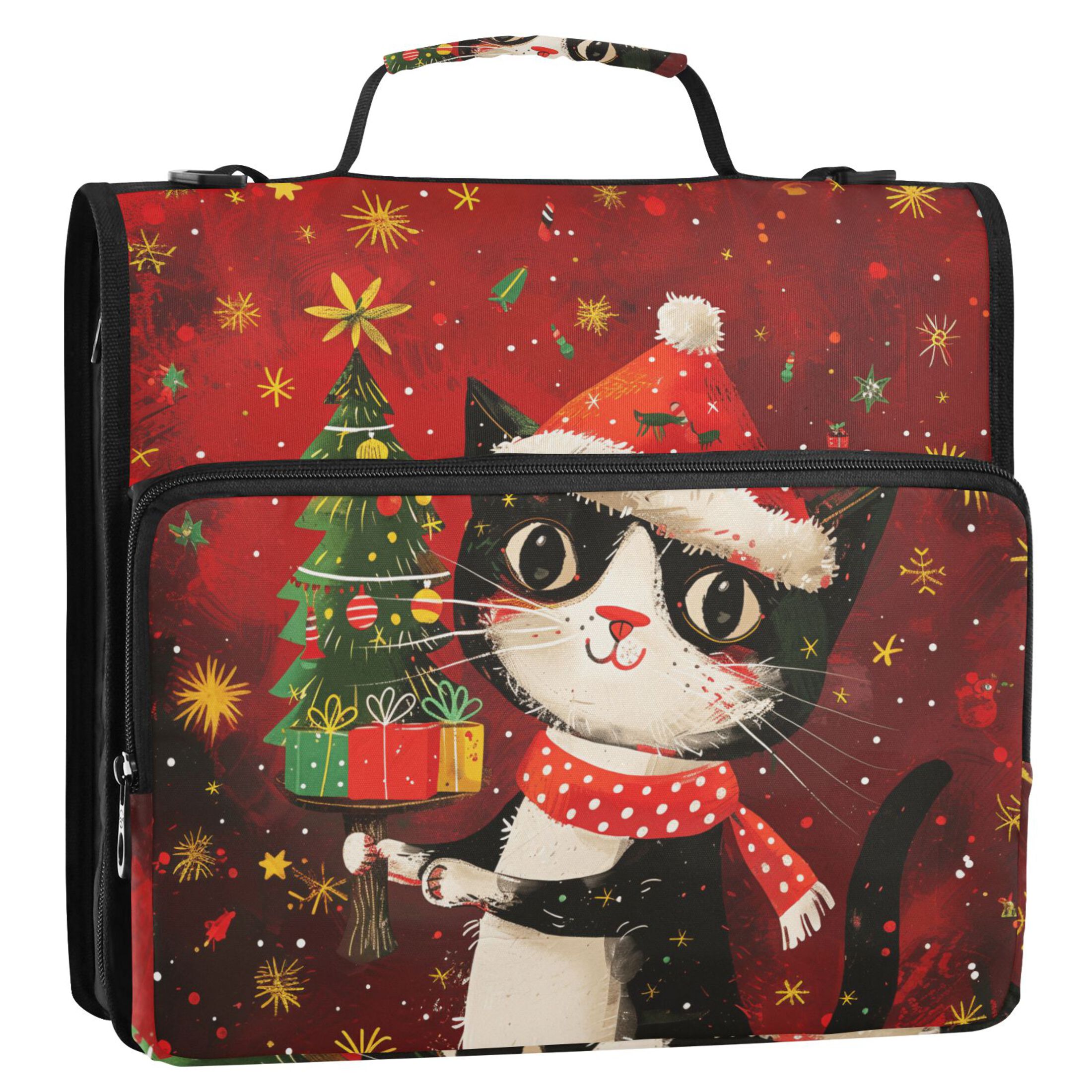 3 Ring Zipper Binder with Shoulder Strap Waterproof Trapper Keeper 2 Inch D-Ring 500 Sheets Capacity Cute Cat with Christmas Tree