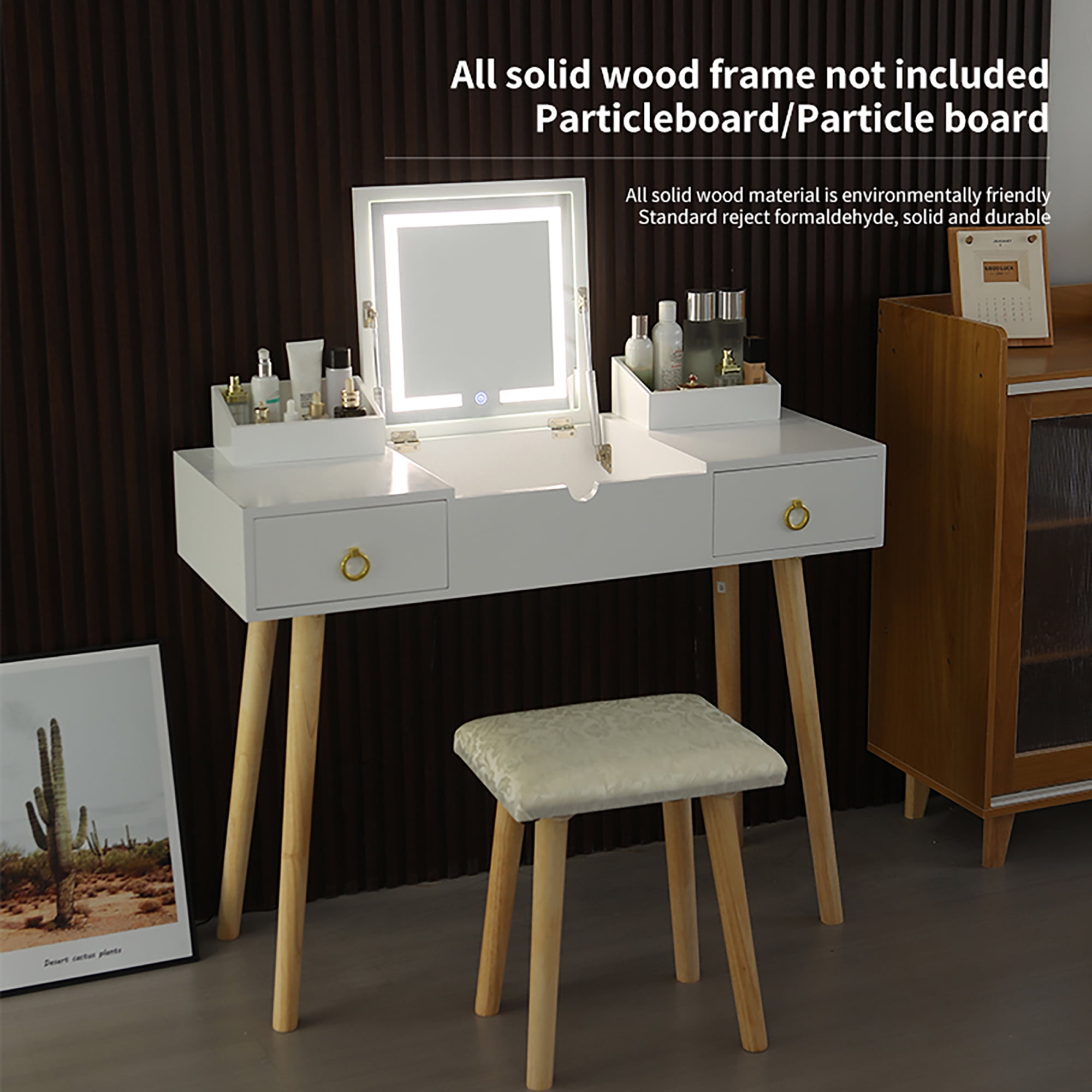 Vanity Desk Set with LED Lighted Mirror Power Outlet, Flip Top Makeup Vanity Table with Drawers Cabinet, for Bedroom, Bathroom
