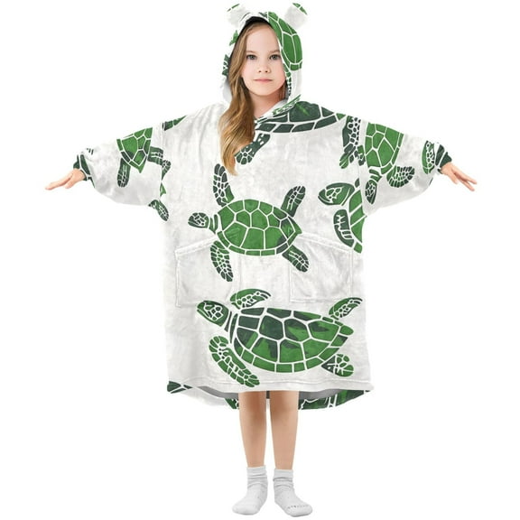 Green Sea Turtles Flannel Wearable Blankets Hooded Design Long Sleeves Wrap Unisex for 3T-14Y S