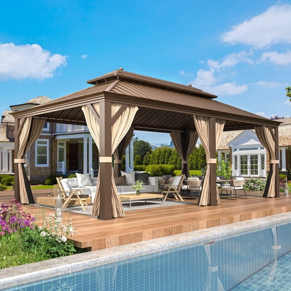 EROMMY 12' x 20' Gazebo HardtopDouble Roof Galvanized Steel Canopy with Netting and Curtains Outdoor Aluminum Frame Permanent Metal Pavilion for Patio Backyard and Lawns