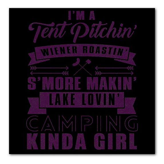 DistinctInk Custom Bumper Sticker - 8" x 8" Decorative Decal - Black Background - Tent Pitchin Weiner Roastin S'More Camping Girl