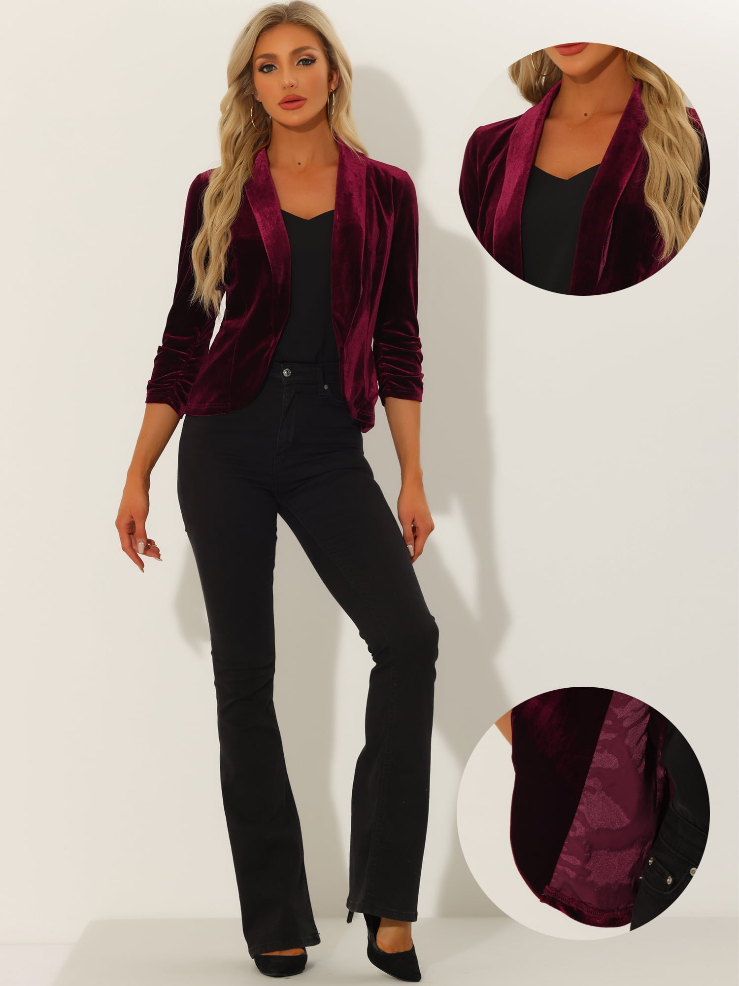 DARING DIVA Women's Velvet Shawl Lapel Collar Open Front Cardigans M Burgundy