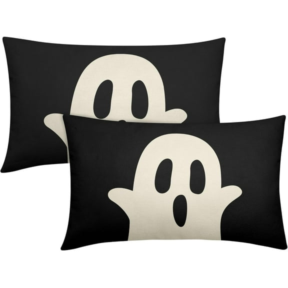 Halloween Ghost Pillow Covers 12x20 Set of 2 Black Cream Print Lumbar Decorative Pillowcases Outdoor Farmhouse Holiday Decorations Rectangle Throw Cushion Case Decor for Home Couch Sofa Bed