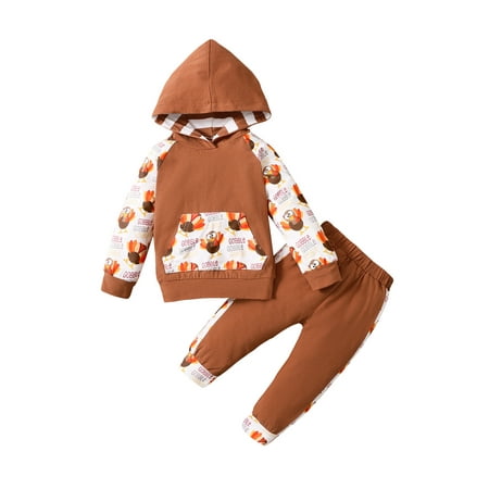 

2Pcs Kids Boys/Girls Thanksgiving Day Clothes Sets Cartoon Print Long Sleeve Hooded Pullover