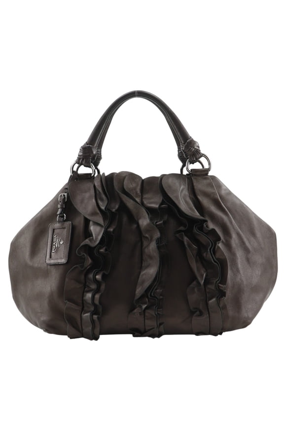 Pre-Owned Prada PRADA Frill Tote Bag BR3987 Leather Brown A4 Snap Button Women's