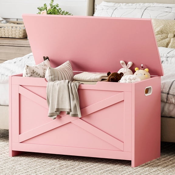 Garvee 30" Wooden Storage Chest with Safety Hinge, Large Storage Bench and Toy Box for Entryway, Living Room, or Bedroom, Easy to Assemble, Pink