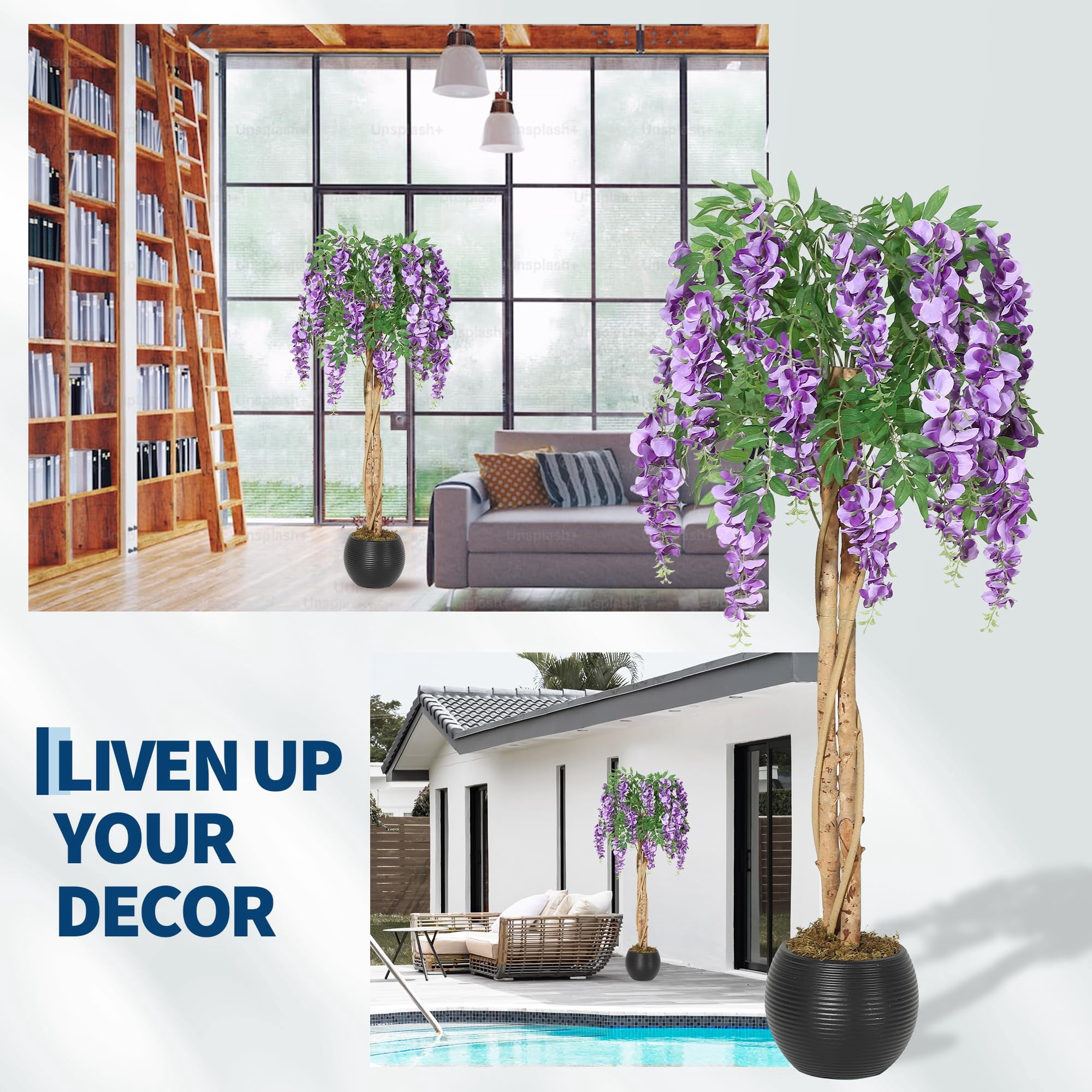 Huisuilinss Artificial Purple Blossom Tree,Artificial Purple Bean Flower Tree,Potted Faux Flower Tree,Silk Faux Plant Fake Tree With Double Trunk,Hanging Vine,Moss For Office Wedding Photo Backdrop