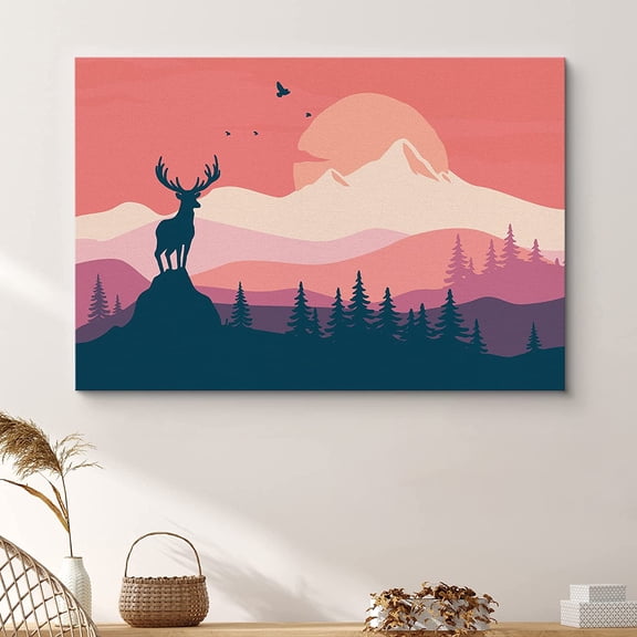 PixonSign Framed Wall Art Print Elk Above Pink Mountain Landscape Animals Wildlife Illustrations Modern Art Rustic Landscape Fun Multicolor Boho Decor for Living Room, Bedroom - 32"x48"