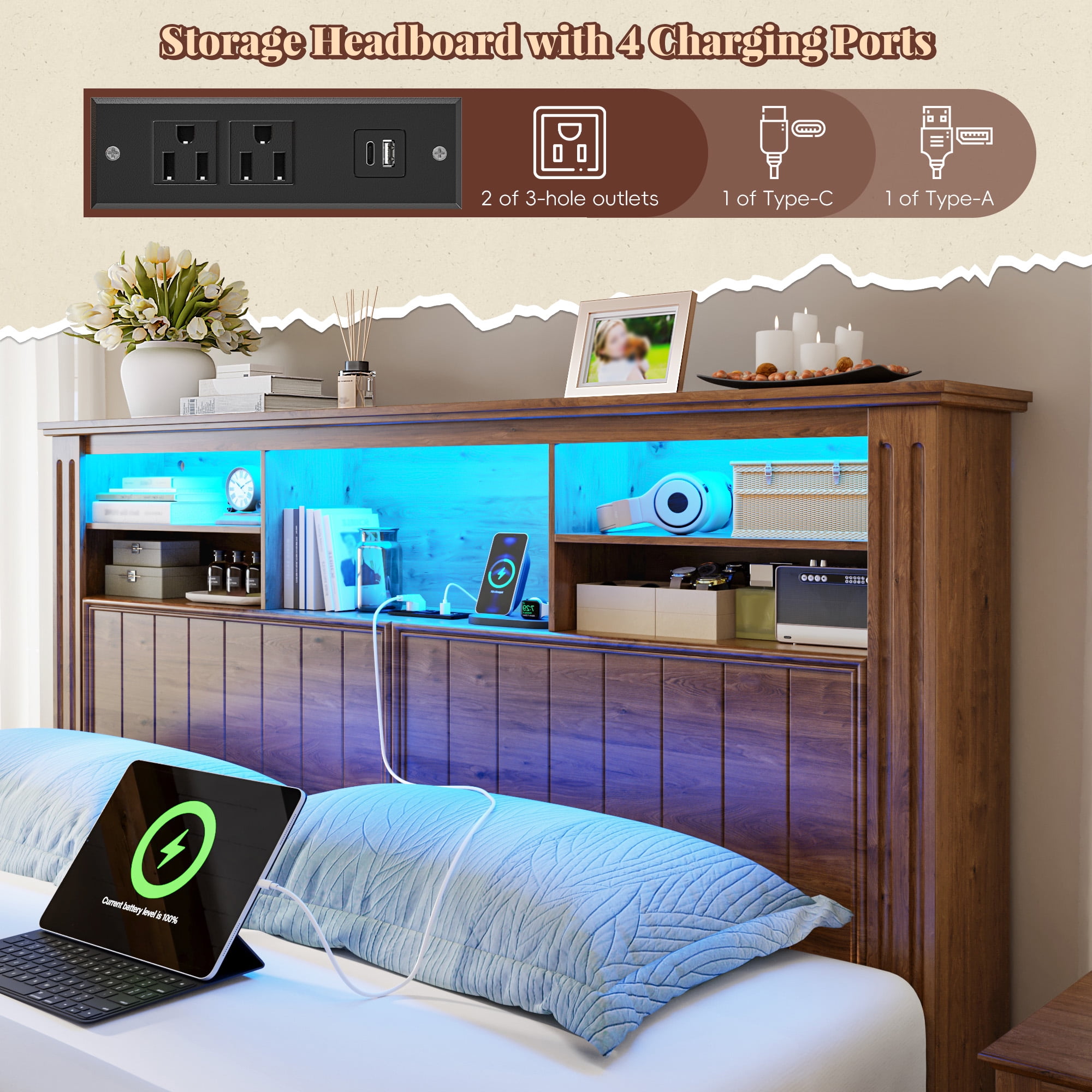 EnHomee Queen Bed Frame with Headboard Bed Frame with 4 Storage Drawers & LED Lights Platform Bed frame with Charging Station