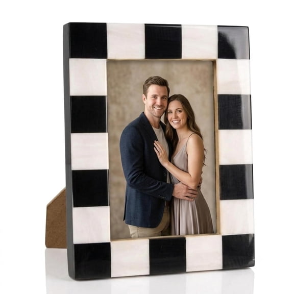 Folkulture Picture Frames 4x6, Checkered Black and White Resin Photo Frame for Tabletop and Desk