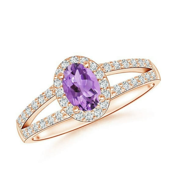 ANGARA Natural Oval Amethyst Split Shank Halo Ring in 14K Rose Gold for Women (Size-6x4mm) | February Birthstone, Birthday, Anniversary, Jewelry Gift for Women | Natural Amethyst Ring