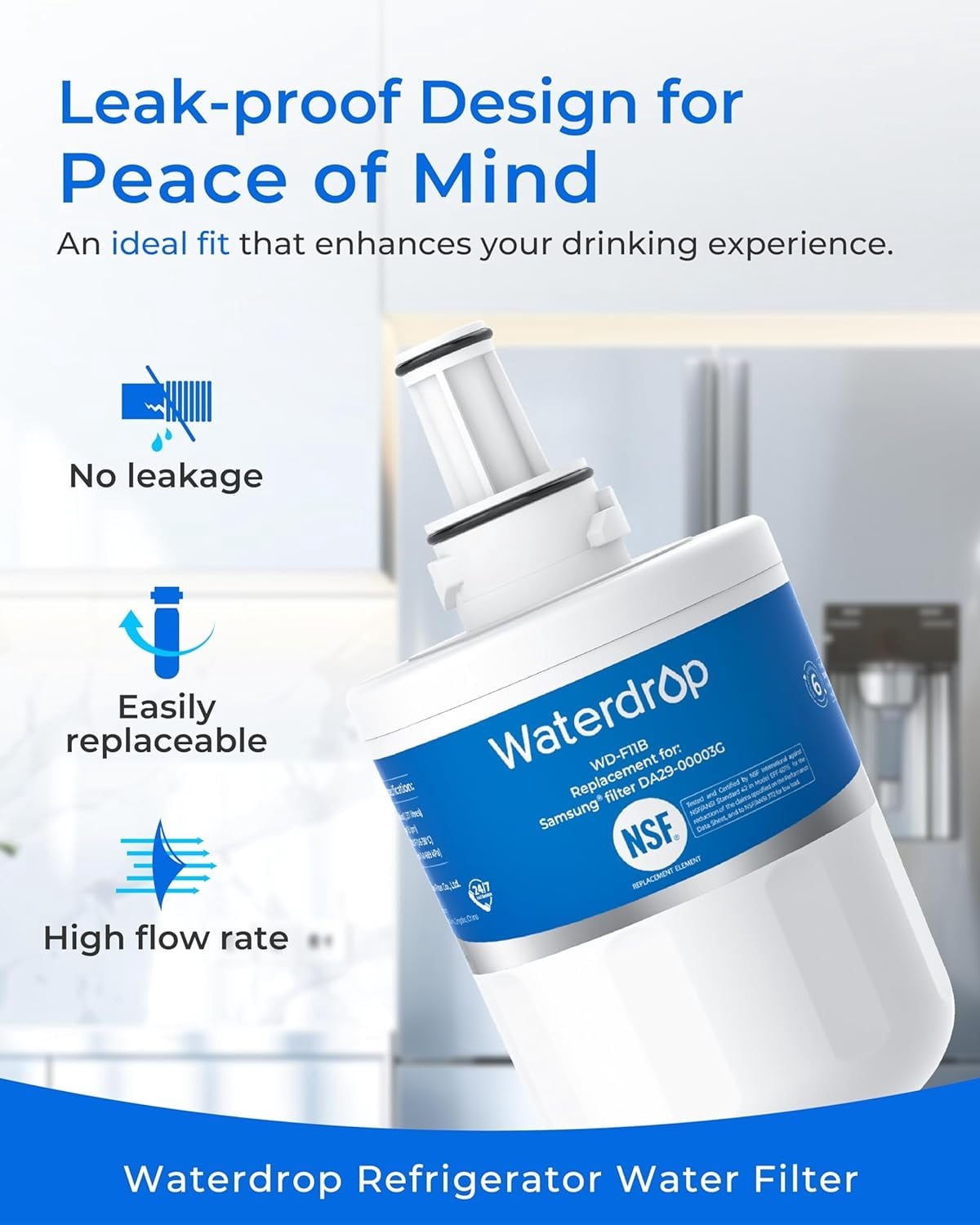 Waterdrop WD-F11B Refrigerator Water Filter, Replacement for Samsung® DA29-00003G, DA29-00003B, DA29-00003A, Aqua-Pure Plus, HAFCU1, RFG237AARS, FMS-1, RS22HDHPNSR, RSG25,6 Filters (Package May Vary)