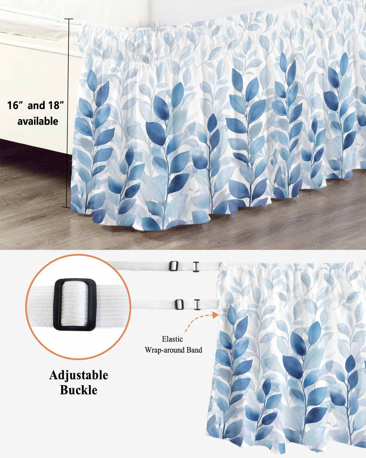 Blue Leaf Bed Skirt Queen Size, Watercolor Country Plant Monochrome Branch Wrap Around Bed Skirting with Adjustable Elastic Strap, Dust Ruffle Pleated Bedskirts 16 Inch Drop for Bedroom Queen Beds