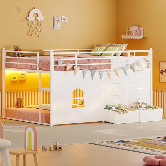 Full Over Twin Bunk Bed with 8 Fabric Drawers, RGB LED Lights & Under Bed Play Zone, F Over T Low Loft Bed with Soft Padded 2-Step Ladder, Space-Saving Bed, White