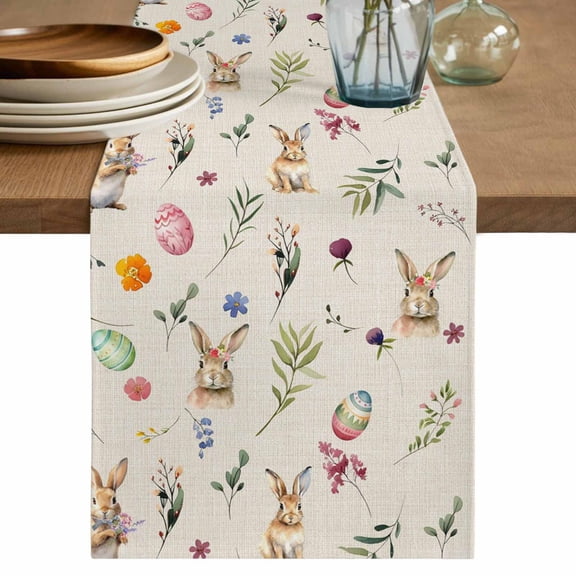 Table Runner 72 Inches Long for Kitchen Dining, Easter Dresser Scarf Farmhouse, Dining Table Decorations for Wedding/Parties, Country Rabbits Colorful Eggs Leaves Flowers 14 x 72 In