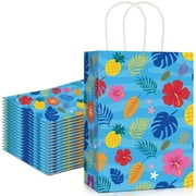 Kolldenn 24 Pcs PriNst Hawaiian Goodie Hawaiian Gift Cartoon Anime Theme Luau Pouches with Handles Floral Hibiscus Luau Welcome Pouches for Summer Birthday Party Favor, 8.3 x 5.9 x 3.1''(Bright)