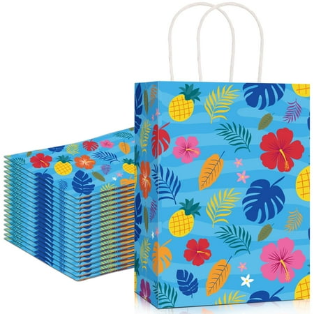 Kolldenn 24 Pcs PriNst Hawaiian Goodie Hawaiian Gift Cartoon Anime Theme Luau Pouches with Handles Floral Hibiscus Luau Welcome Pouches for Summer Birthday Party Favor, 8.3 x 5.9 x 3.1''(Bright)