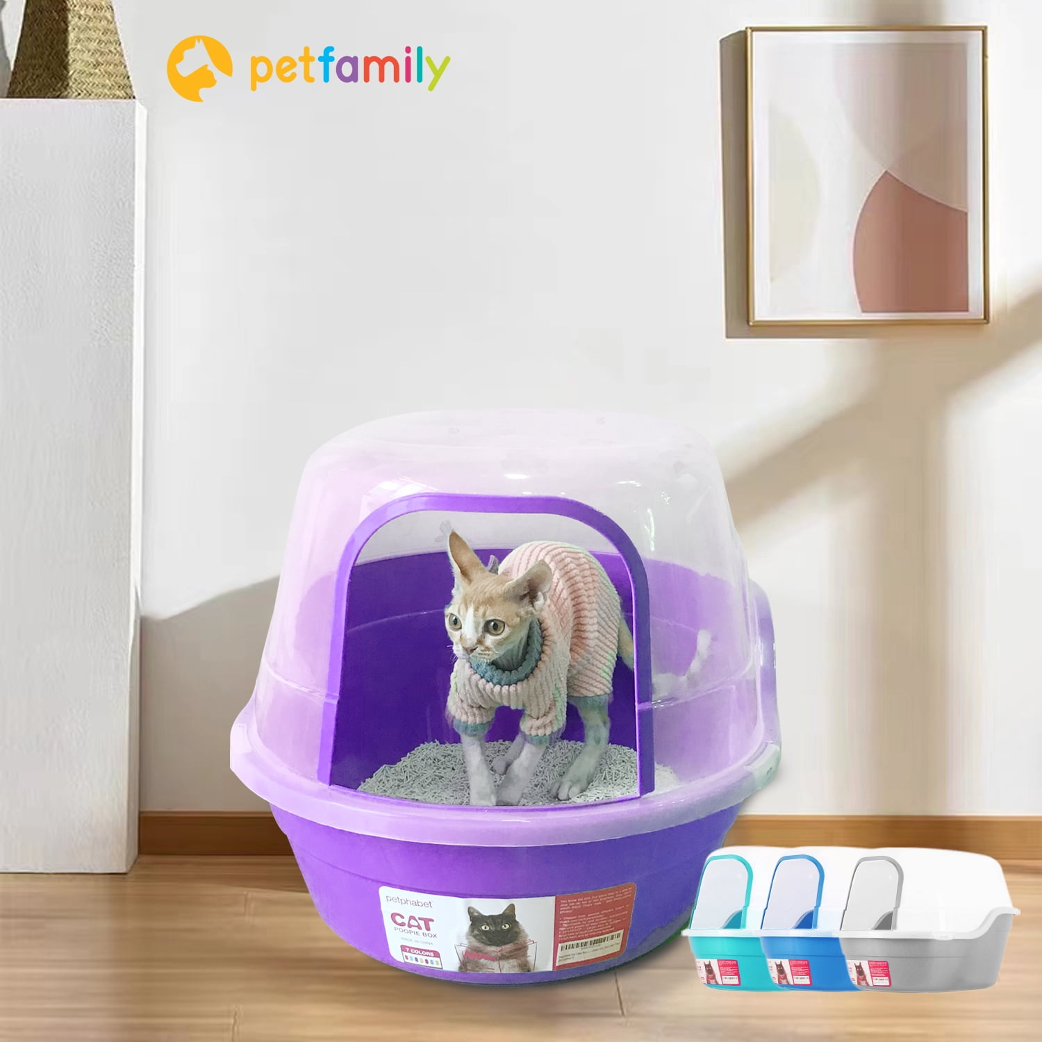 Petfamily Extra Large Cat Litter Box, Color Purple, Jumbo Hooded, 24.8 x 20 x 16.5 in