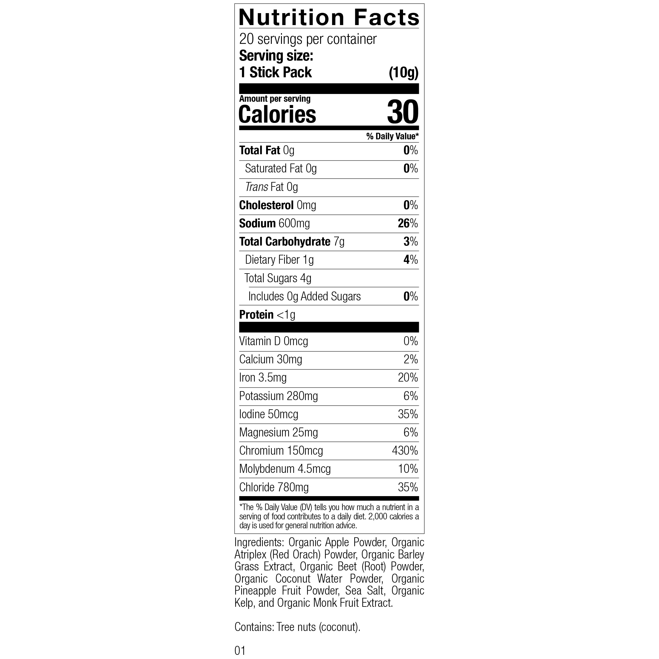 Possible Whole Food Electrolyte, whole-food-based solution free from artificial sweeteners, flavors, synthetic vitamins, or preservatives. Powder, 20 stick packs