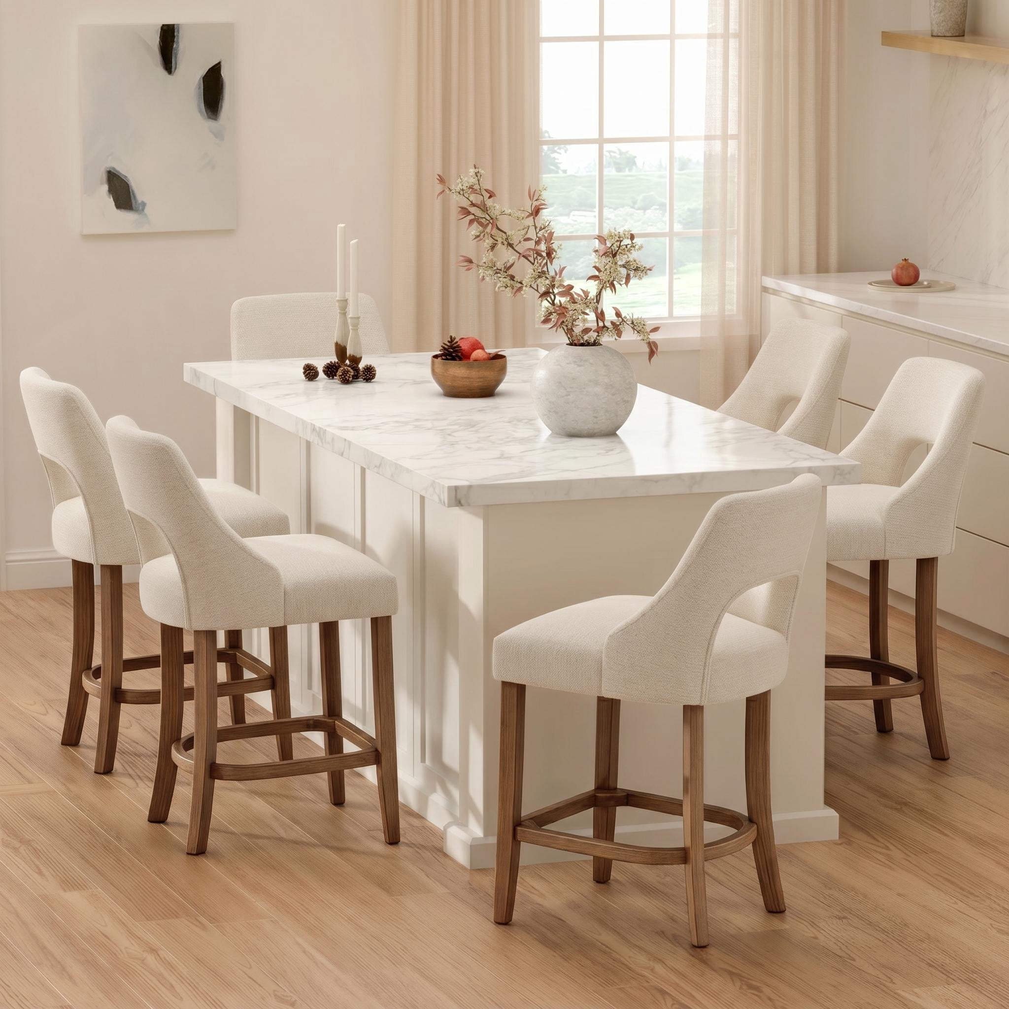 PORKISS 26" Bar Stools Set of 2, Upholstered Kitchen Island Stools with Hollow Back, Mid-Century Counter Stools with Wood Legs Footrest, Beige