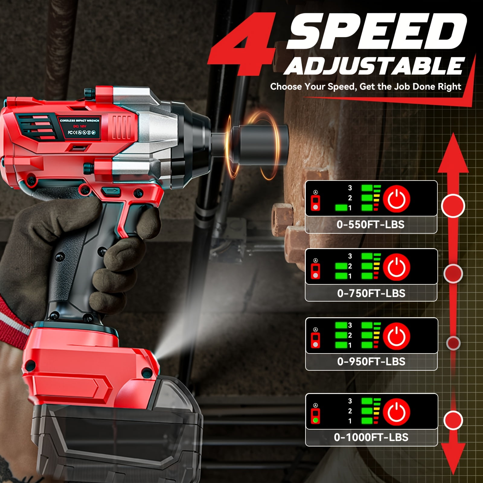 Cordless Impact Wrench 1/2” Compatible with Milwaukee 18v Battery(Bare Tool), 1000FT-LBS High Torque Impact Driver, Electric Impact Gun with LED Light, Variable Speeds, 4-Speed Control