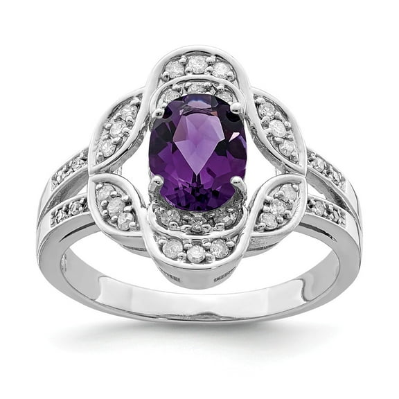 White Sterling Silver Ring Band Gemstone Amethyst Oval Purple Diamond