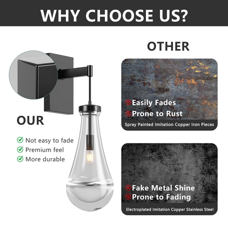 TICOZE Modern Raindrop Wall Sconce Light, Black Bronze Bathroom Light Fixture with Clear Handblown Glass Shade, Dimmable LED Vanity Mirror Light for Bedroom, Hallway, Stairway, Living Room