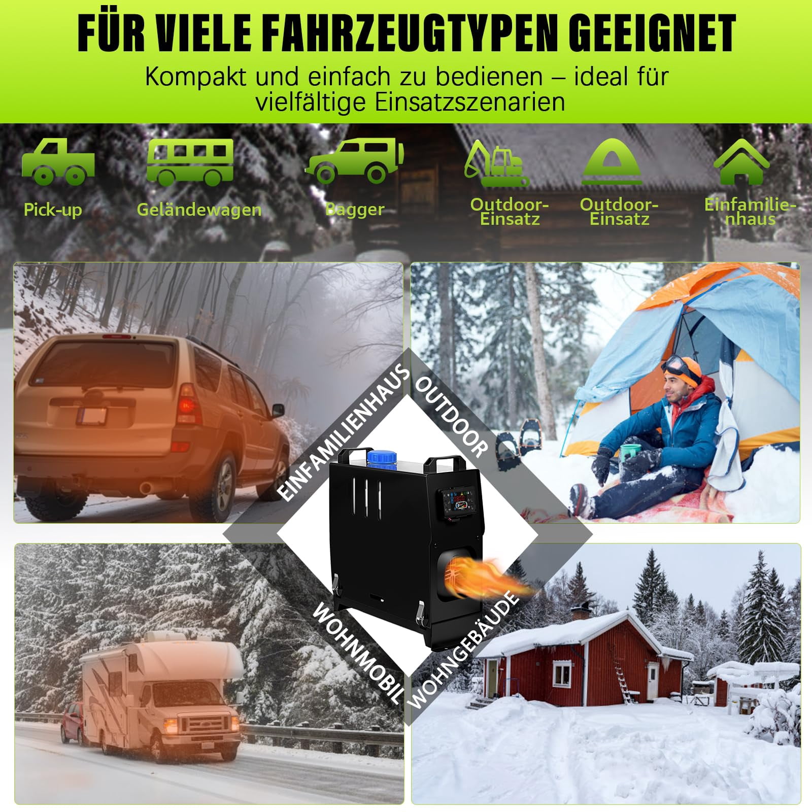 RJFKSN 12V 8KW All-in-One Diesel Heater, Portable Air Parking Heater with 5L Tank, LCD Display & Remote Control, Quiet Fast Heating with Silencer for RV, Truck, Boat, Camper, Trailer