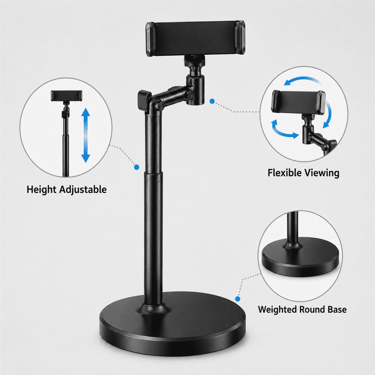 Universal Desktop Phone Stand, Height Adjustable Metal Smartphone Holder with Weighted Anti-Slip Base, 10x34.5cm Stable Cradle for iPhone, Samsung, and Tablets, Ideal for Video Calls & Home Office