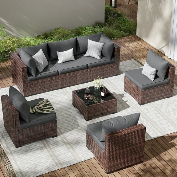 ELPOSUN Patio Furniture Set, Outdoor Patio Furniture Wicker Furniture Couch Set, 7 Pieces Outdoor Sectional Sofa, Patio Furniture Set, Outdoor Patio Set for Home Furniture (Grey)
