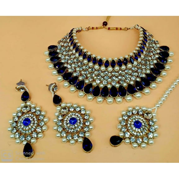 Royal Blue Kundan Bridal Jewelry Set with Necklace, Earrings, Maang Tikka & Passa – Pearl & Stone Indian Wedding Set