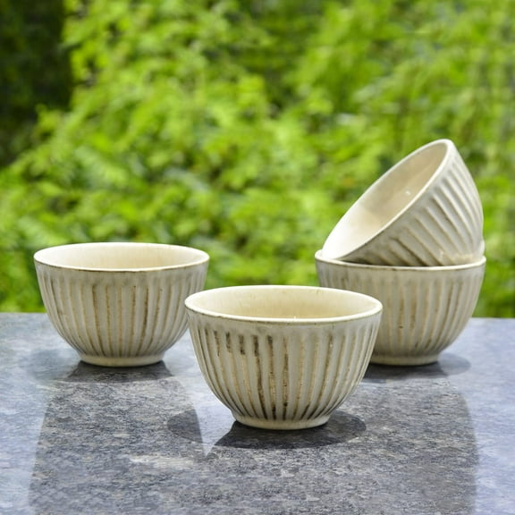 Ribbed Ceramic Dinner Serving Bowls Set Of 4 - Ivory, 150ml Each | Vegetable & Dessert Serving Bowls | Salad Bowls