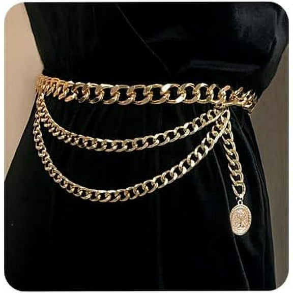 Bohemian Metal Layered Body Chain Belly Belt with Coin Charm Pendant - Chunky Wallet and Punk Waist Chain for Women (Gold)