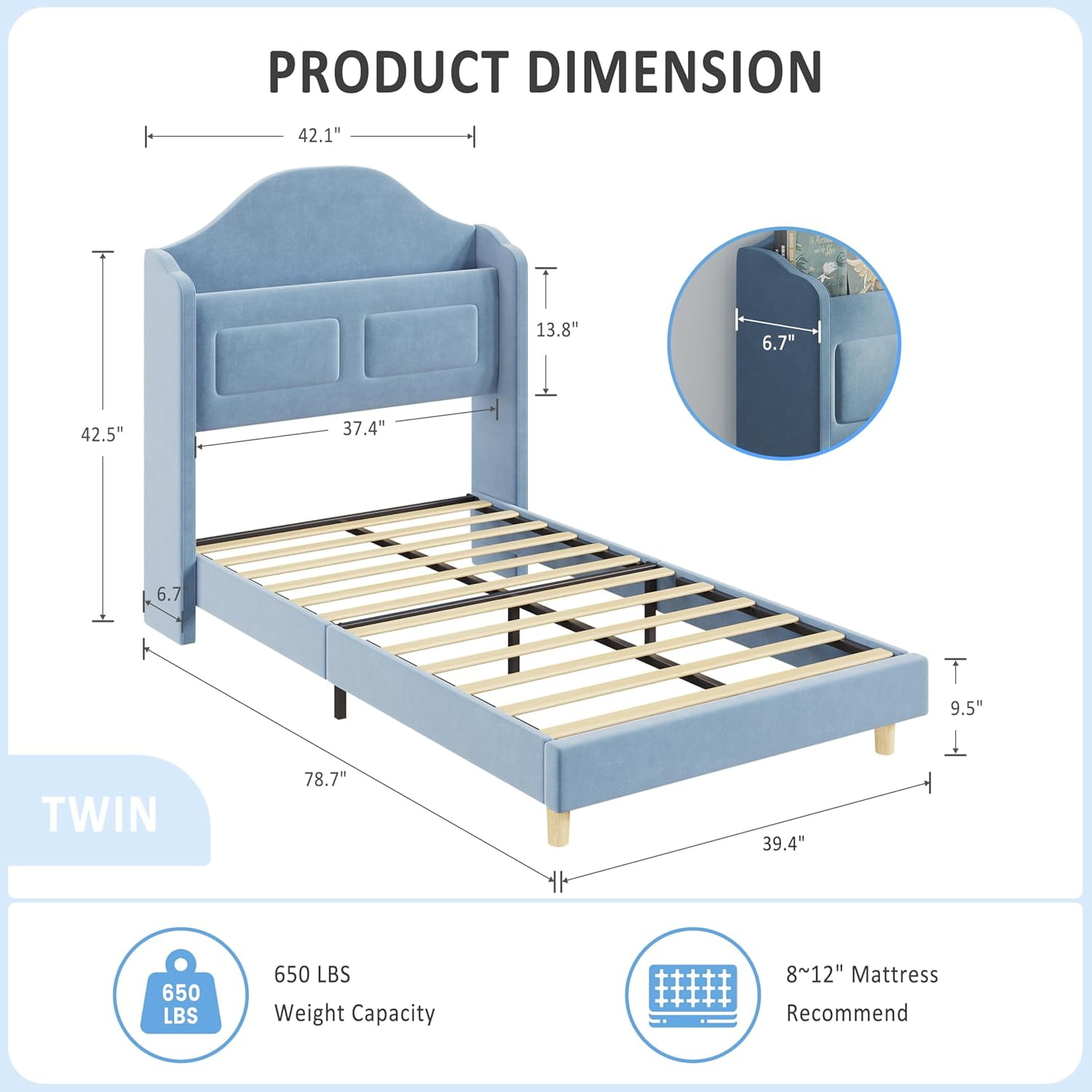 EliteEdge Upholstered Twin Bed Frame with LED Lights, Velvet Platform Bed with Wingback Storage Headboard, Wood Slat Support, No Box Spring Needed, Easy Assembly, Blue