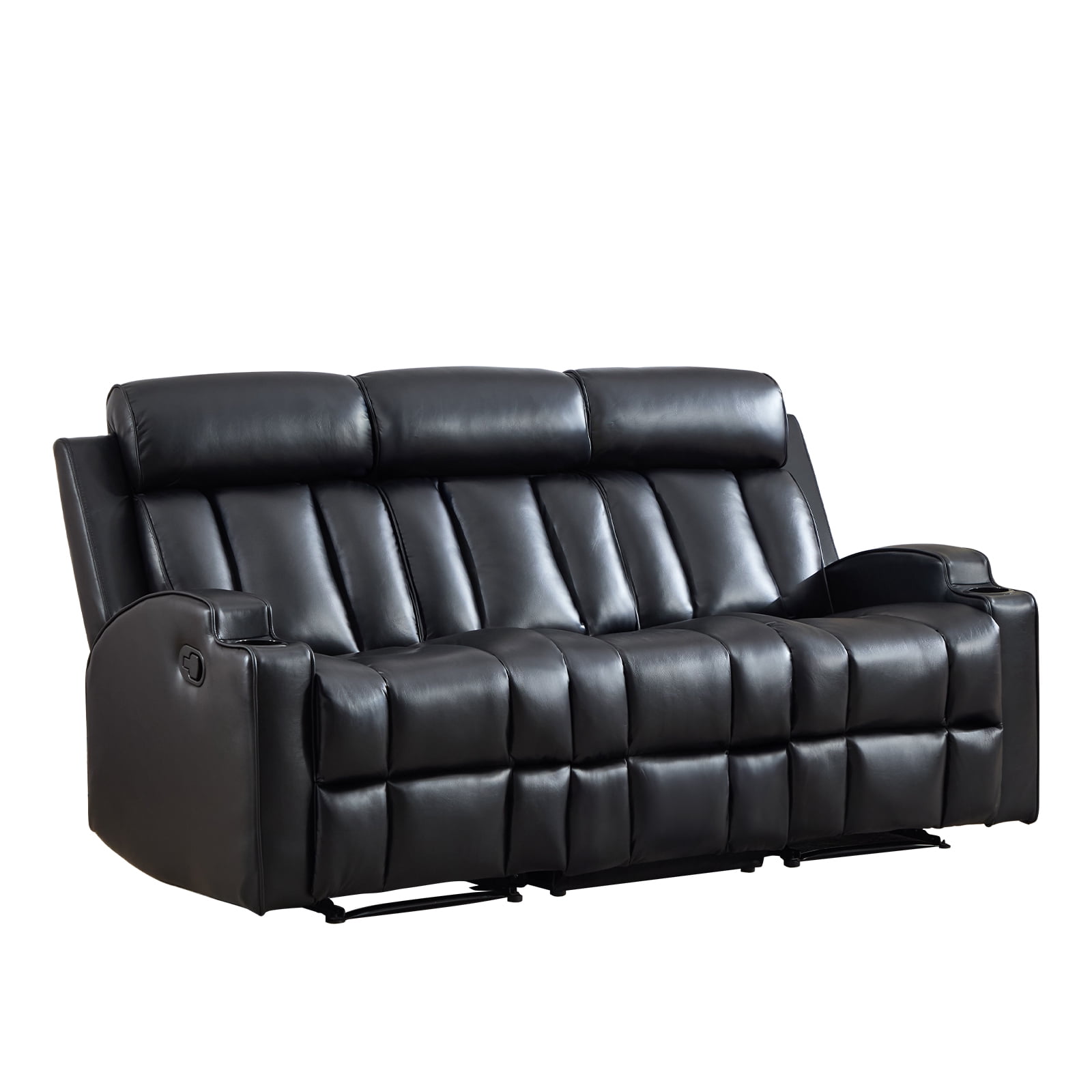 Ebello Manual Recliner Sofa, PU Leather Overstuffed 3-Seat Reclining Couch with Cup Holders for Living Room & Home Theater, Black