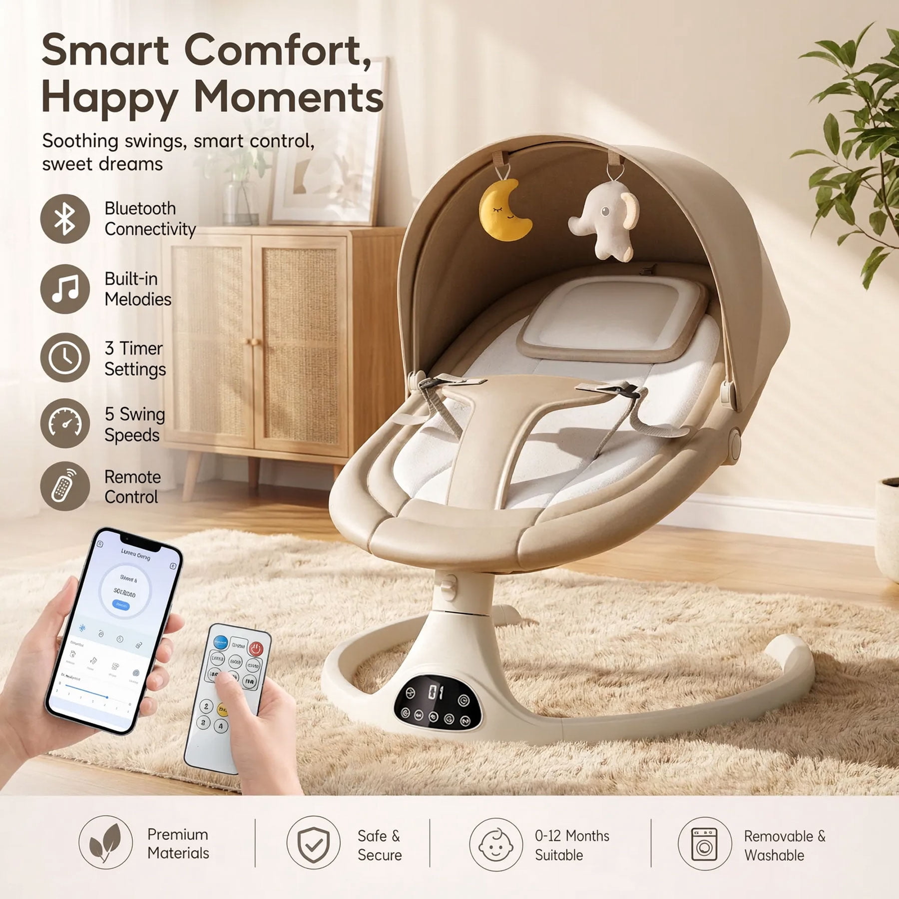 Oioane Electric Baby Swing for Infants, 5 Speeds & 3 Modes with Bluetooth Music, App Remote Control, Gray