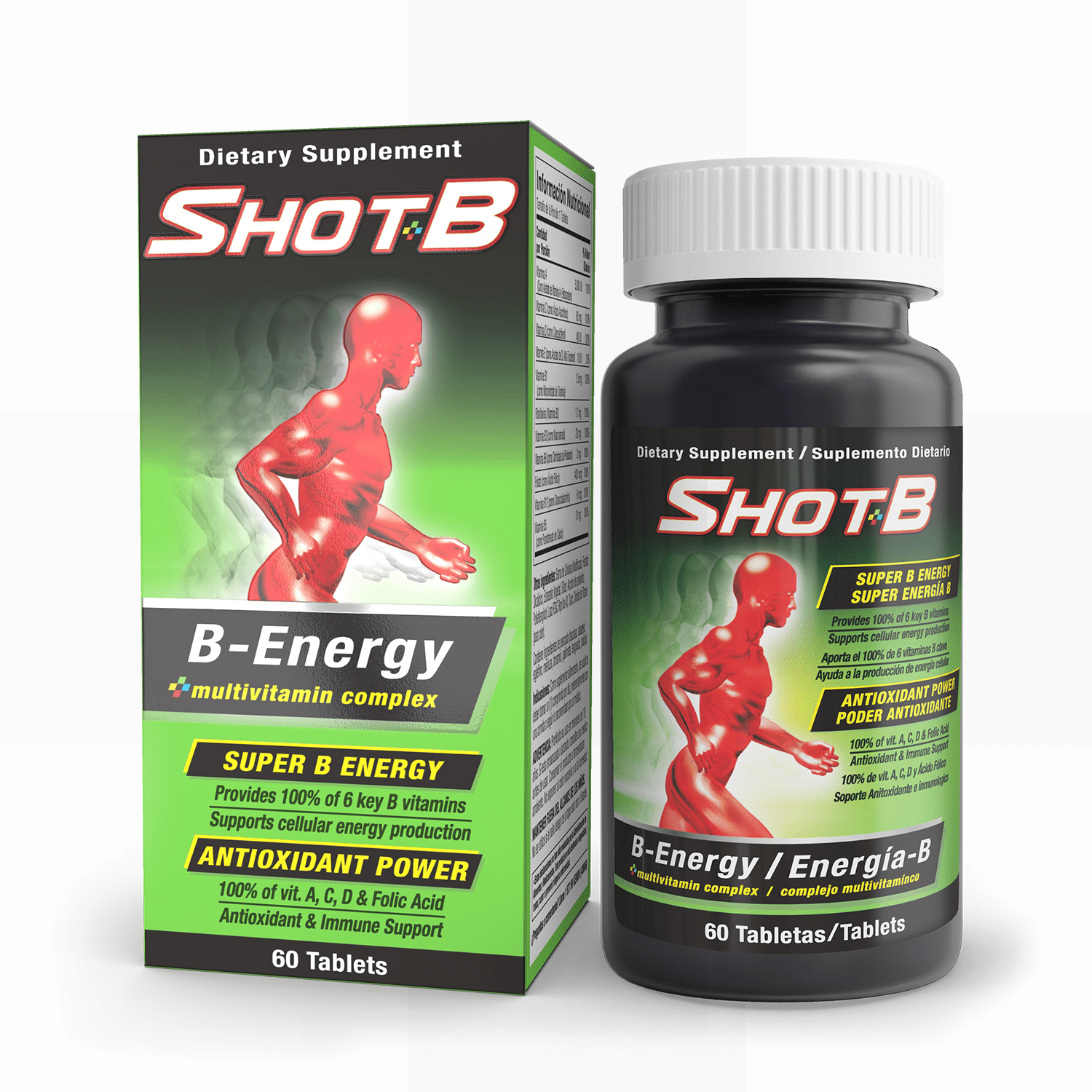 (4 pack) Shot B Multivitamin Complex with Antioxidants, B Vitamins A C D E, Folic Acid, Energy, Immunity, 60 Count