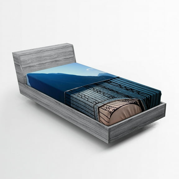 Ambesonne Blue Fitted Sheet, Island Mountain Ocean View, Twin Size, Blue