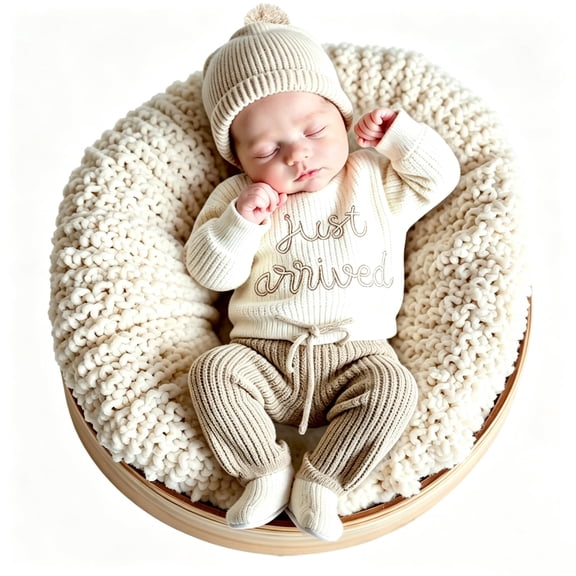 Newborn Knit 3PCS ‘Just Arrived“ Embroidery Baby Sweater Pants Hat Photography Outfits Neutral Cream Beige Infant Coming Home Outfit for 0-3 Months